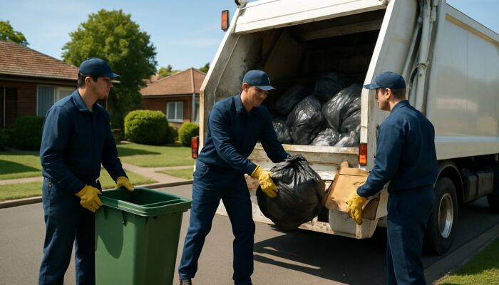 Professional Malvern rubbish removal team loading waste into truck on sunny street