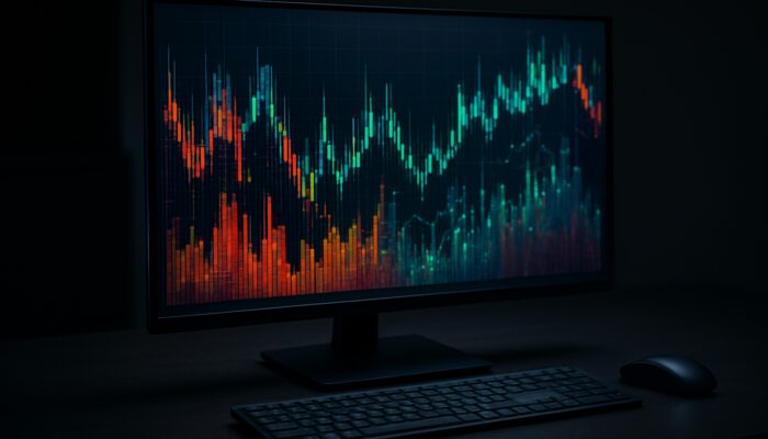 Vibrant footprint chart with volume clusters, bid-ask imbalances and delta bars on trader's monitor.