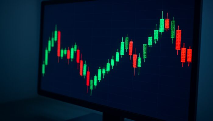 Sleek monitor glowing with vivid footprint chart showing green and red bid-ask volumes in candlesticks
