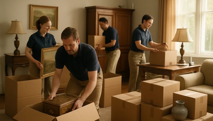 Professional team managing probate house clearance in Bromley, packing antiques into labeled boxes with care.