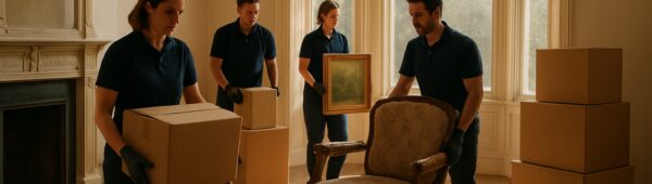 Professional team clearing boxes from sunlit Victorian home during probate house clearance in Bromley.