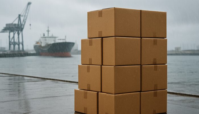 Stacked brown cardboard boxes on rainy UK dock under gray skies protecting clearance items