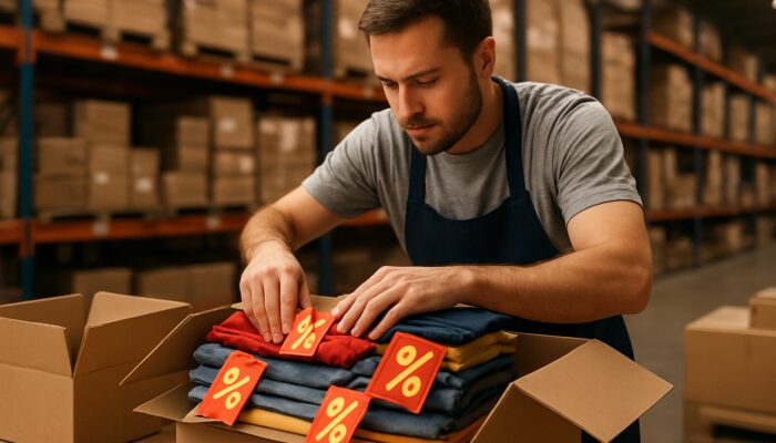 Expert packer folding clearance items with discount tags into boxes in bustling warehouse