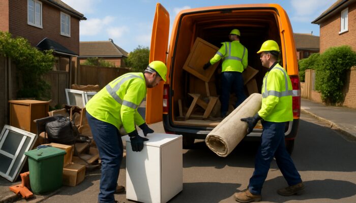 Workers loading bulky household rubbish into bright van for clearance in sunny Taunton