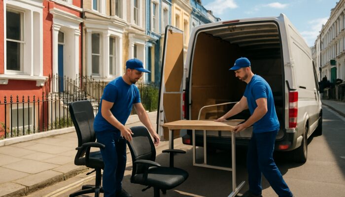 Professional movers loading desks and chairs into van during office clearance in sunny Notting Hill.