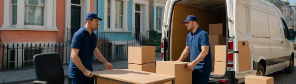 Professional movers loading office desks and boxes into van in sunny Notting Hill.