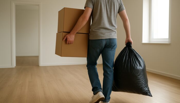 Person hauling boxes and sealed trash bags from a spotless empty apartment during move-out.