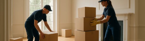 Professional cleaners emptying luxurious Chelsea apartment during end of tenancy clearance with stacked boxes on sunlit floors
