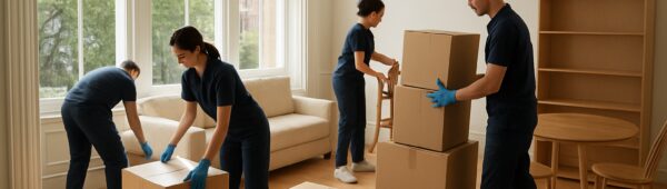 Professional cleaners emptying luxurious Chelsea apartment, stacking boxes by sunlit windows overlooking London streets.