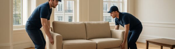 Professional movers clearing furniture from sunlit luxury Chelsea apartment for end-of-tenancy clearance