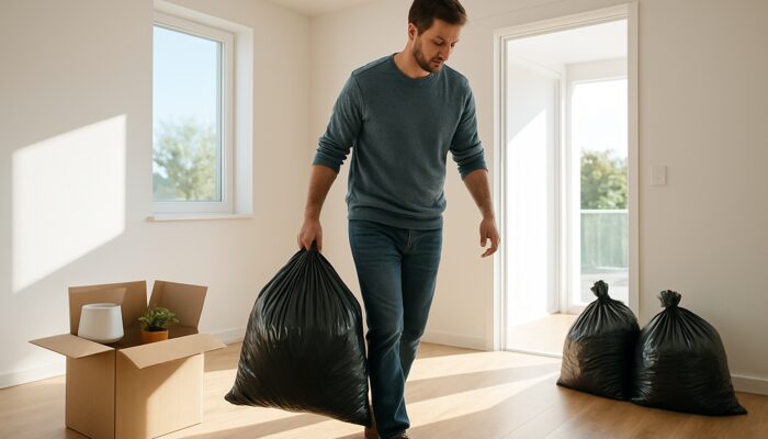 Tenant packing boxes and hauling trash from bright empty apartment for deposit inspection