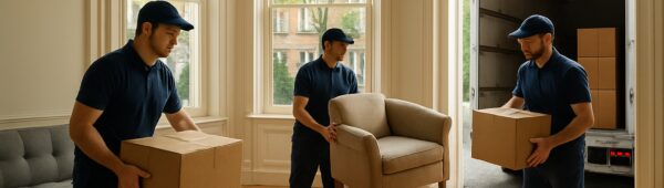 Movers clearing furniture and boxes from sunlit Chelsea townhouse apartment at tenancy end in London.