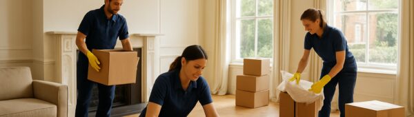 Professional cleaners packing furniture in sunlit elegant Chelsea townhouse during end of tenancy clearance