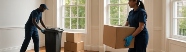 Professional cleaners emptying sunlit Chelsea townhouse flat with stacked boxes and polished floors.
