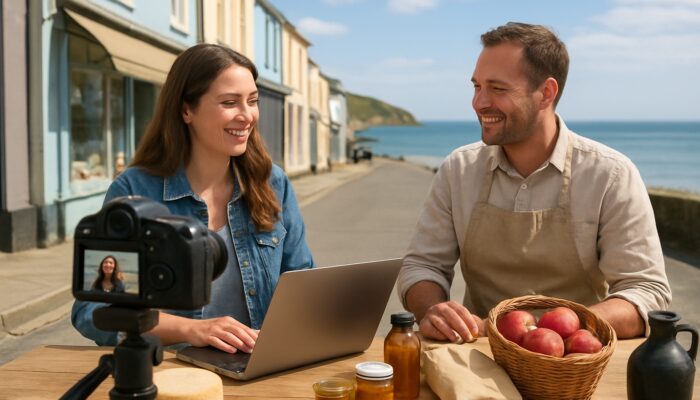 Content creator and Seaton small business owner collaborating with cameras and laptops by coastal sea views.
