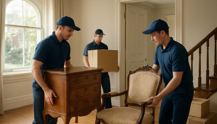 Professional movers clearing antique furniture from Victorian house in Bromley for probate clearance.