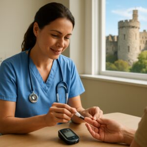Nurse pricking patient's finger for diabetes blood test in Maidstone clinic with glucose meter and castle view