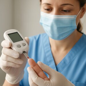 Nurse in Maidstone performs diabetes finger-prick blood test with crimson droplet on glucose meter