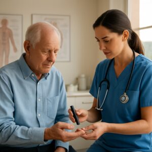 Nurse performing diabetes blood glucose test on elderly patient in Maidstone clinic