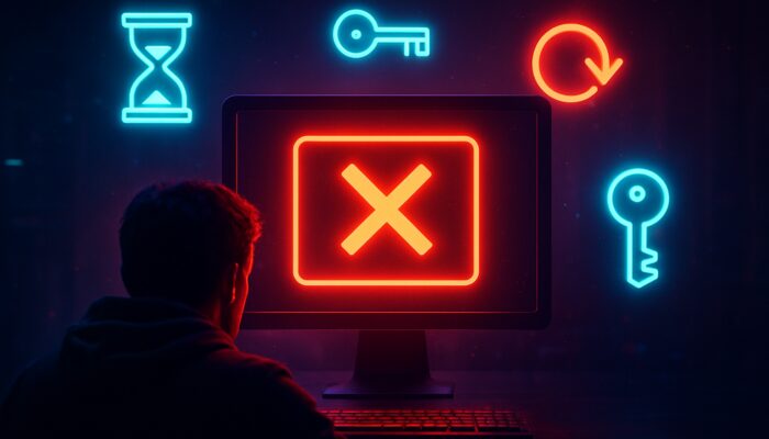 Frustrated coder facing rate limit exceeded error with floating API solution icons in cyberpunk neon