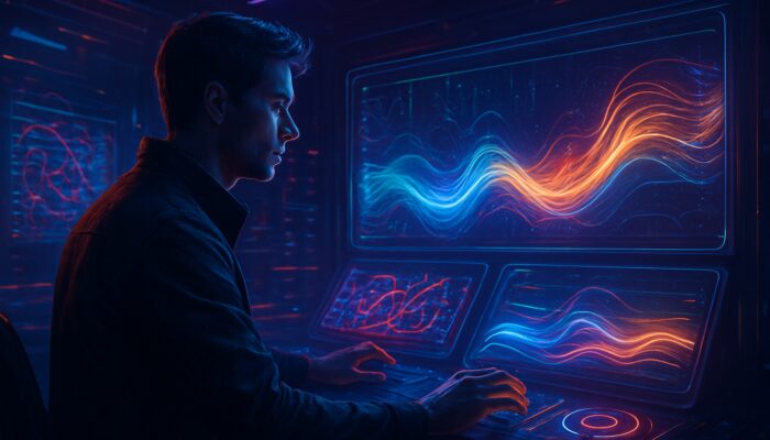 Cyberpunk developer resetting holographic dashboard to fix rate limit exceeded error in neon control room.