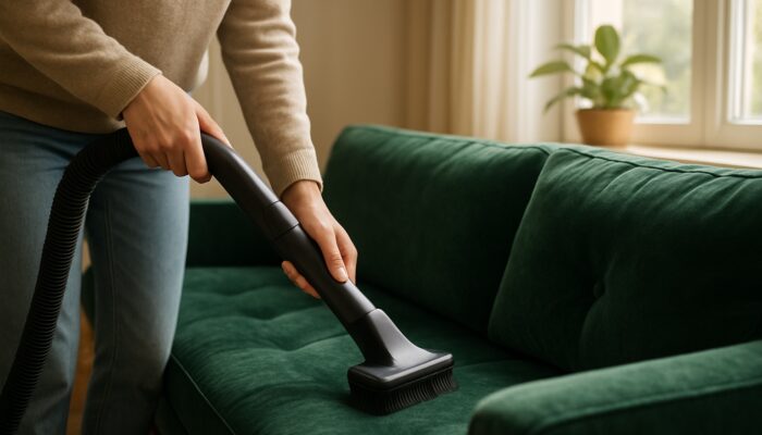 Person gently vacuuming emerald velvet sofa with soft brush in sunlit living room