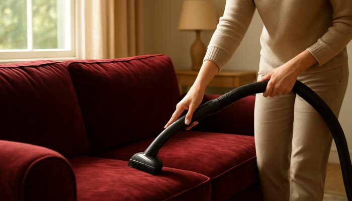 Person gently vacuuming burgundy velvet sofa with soft brush in sunlit living room