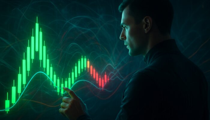 Futuristic trader analyzing glowing MACD histogram with green buy signals and red sell bars on holographic screen