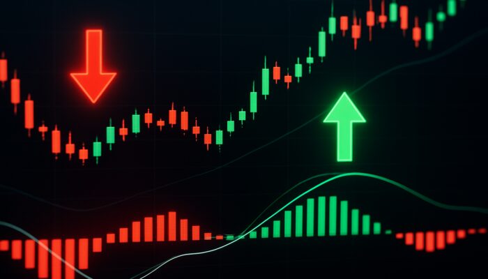 Glowing trading interface with red-green MACD histogram bars over candlestick charts and buy-sell timing arrows
