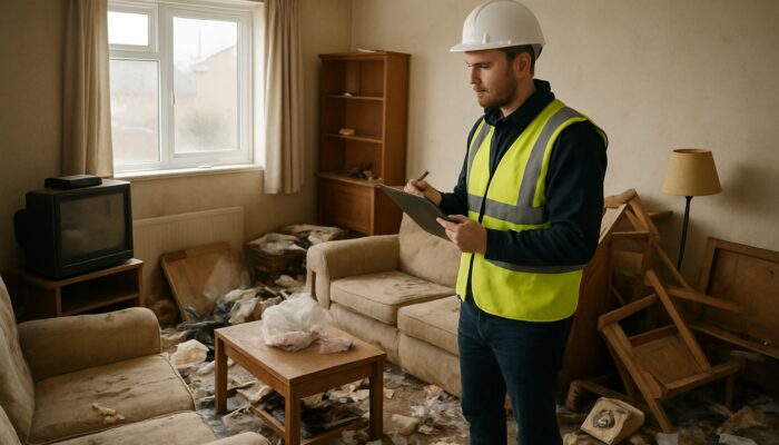 Inspector examining cluttered Reading UK home with broken furniture and household waste for clearance