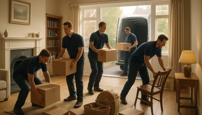 House clearance experts in Reading loading furniture and boxes from a British home into a van.