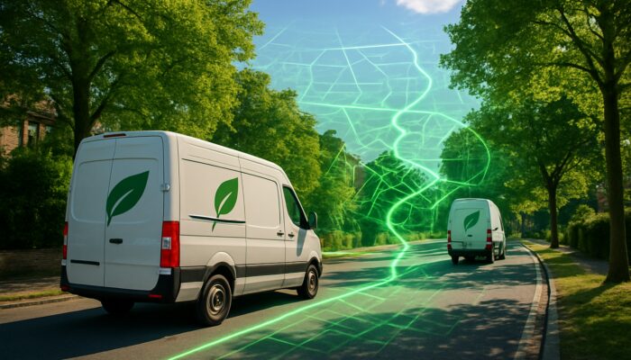 Eco-friendly clearance vans on optimized routes through leafy Reading streets with glowing green map overlays.