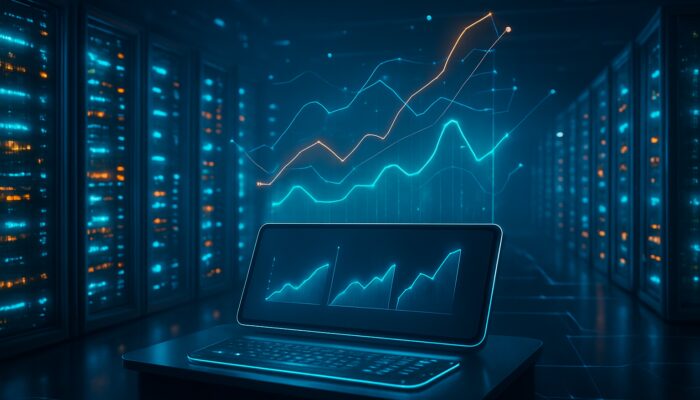 Futuristic data center with glowing servers, holographic trend charts, and neon digital connections.