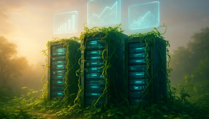 Futuristic sustainable data center with glowing servers, vines, and floating holographic trend charts at dawn.