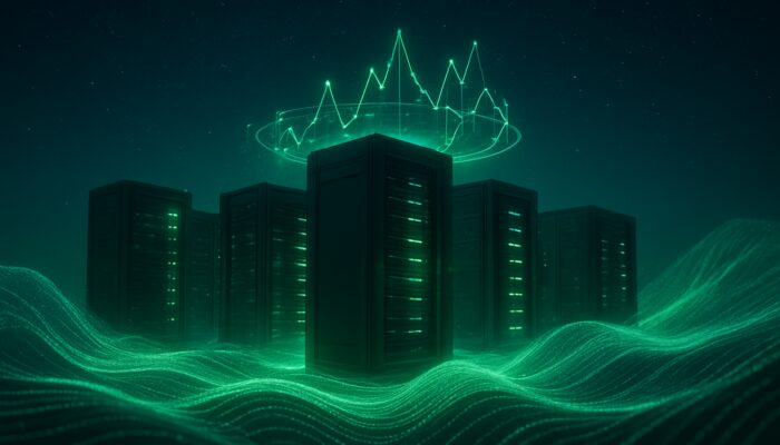 Futuristic sustainable data center with holographic trend charts and digital waves for purpose-driven hosting innovations.