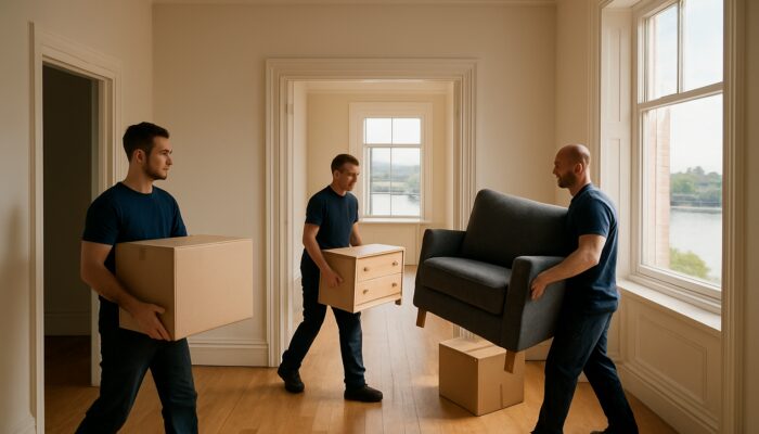 Professional clearance team emptying sunlit Greenwich flat with Thames views during end of tenancy clearance.