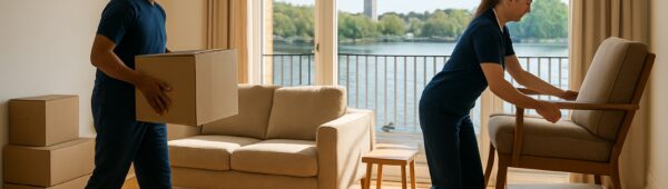 Professional cleaners stacking furniture during end of tenancy clearance in bright Greenwich apartment with Thames view.