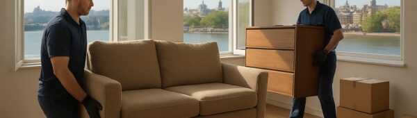 Professional team clearing furniture from sunlit Greenwich apartment with Thames and London skyline views.