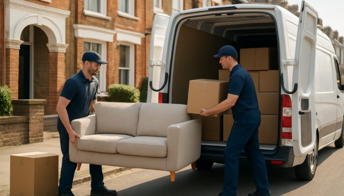 Professional movers loading furniture into van for Hounslow flat clearance on sunny London street.