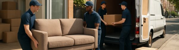 Professional team clearing furniture from Hounslow flat and loading van on sunny street
