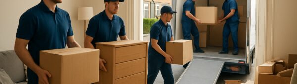 Professional movers clearing furniture and boxes from cluttered Hounslow flat to waiting van in daylight.