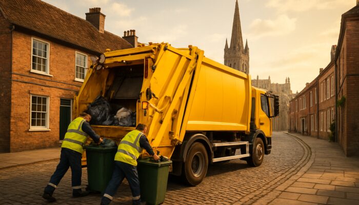 Yellow rubbish truck collecting bins on Ripon's cobbled streets with cathedral spire behind.