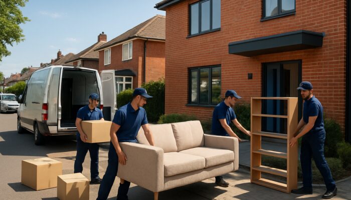 Professional movers offering flat clearance in Hounslow, loading furniture and boxes into vans on sunny street