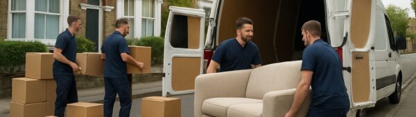Professional team clearing furniture from Hounslow flat into vans on quiet London street