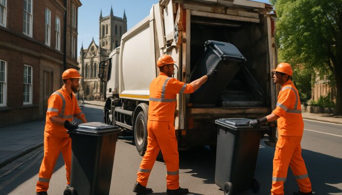 Professional rubbish removal crew loading bins on sunny Ripon street with cathedral backdrop