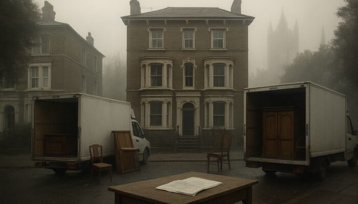 Movers loading antiques from Westminster Victorian townhouse into vans amid probate papers and misty morning light