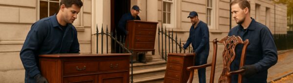 Professional team clearing antique furniture from Westminster Georgian townhouse in soft autumn light for probate clearance
