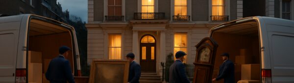 Movers loading antiques from Victorian townhouse in Westminster for probate house clearance at dusk.
