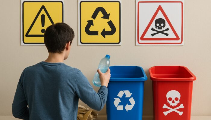 Person sorting household waste into color-coded bins labeled general, recyclable, and hazardous amid UK regulatory posters.