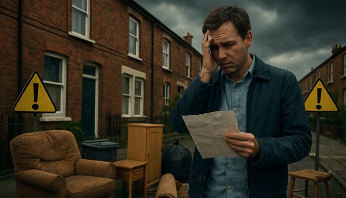 Worried person with fine notice amid cluttered furniture outside UK terraced house and council waste signs.